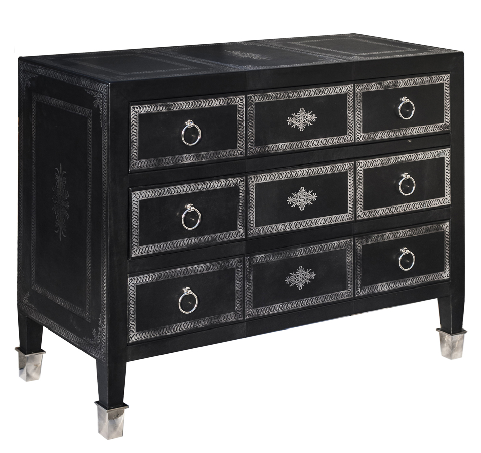 Hitchcock Black Silver Antique Styled Chest of Drawers Table Leather Nickel